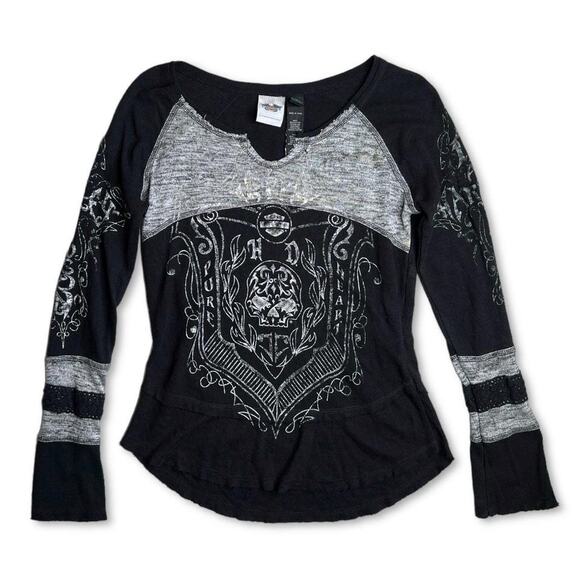 Y2K Harley Davidson Skull Pure Heart Black & Grey Long Sleeve Top | Size Medium - Picture 1 of 5